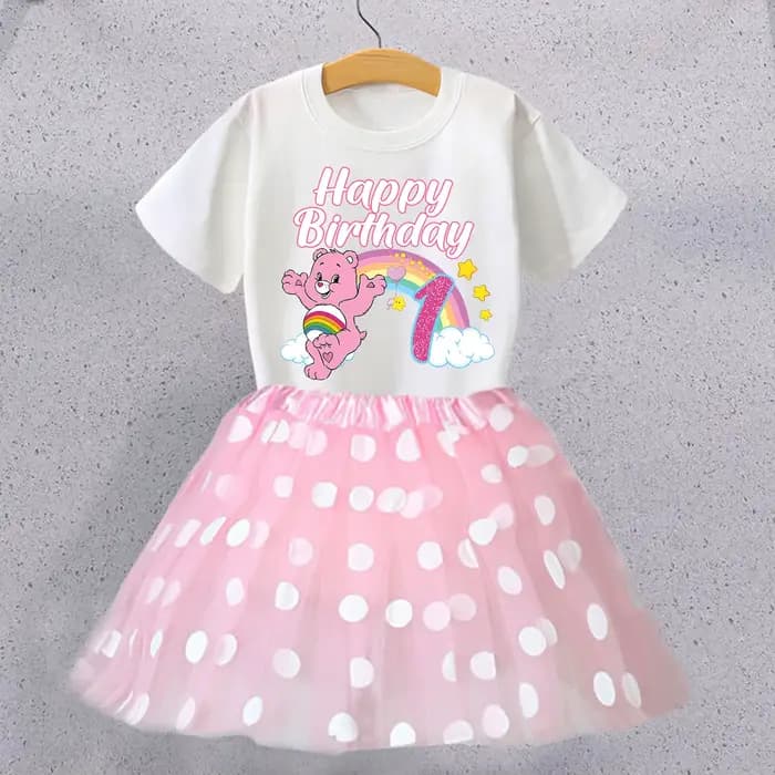 Ensemble T-shirt et jupe d'anniversaire Care Bears pour enfants, T-shirt à motif de personnage de dessin animé, jupes roses Kawaii, vêtements à manches courtes, cadeau