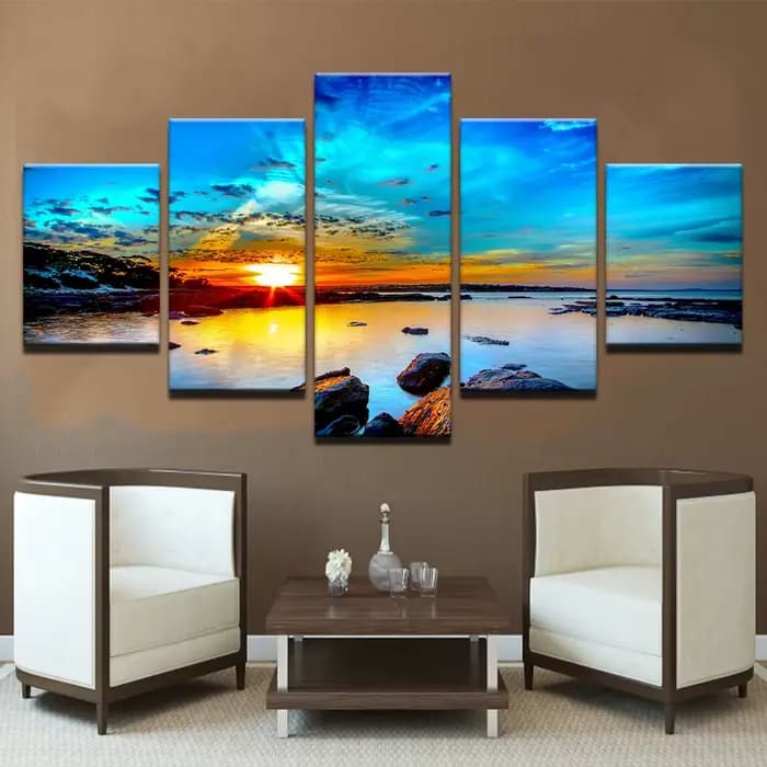 Affiche de paysage lever du soleil Seavie, 5 pièces, peinture artistique sur toile, image murale de salon, chambre à coucher, décoration murale modulaire de la maison