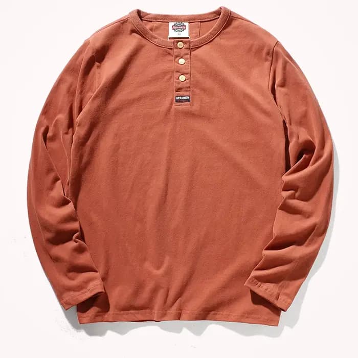 T-shirt à manches longues col Henry pour homme, rétro américain, décontracté, porté à la recherche, délavé, document solide, base simple, manches longues, T