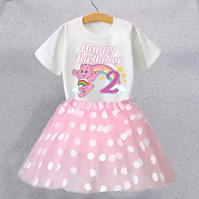 Ensemble T-shirt et jupe d'anniversaire Care Bears pour enfants, T-shirt à motif de personnage de dessin animé, jupes roses Kawaii, vêtements à manches courtes, cadeau