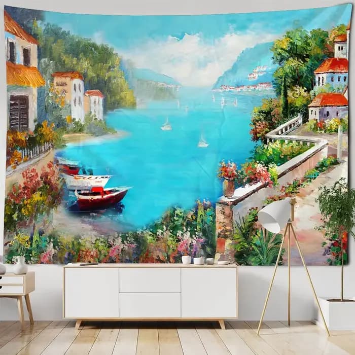 Décoration murale pour chambre à coucher, salon, vue sur la mer, peinture à l'huile, tapisserie, tissu de fond imprimé de paysage de style européen