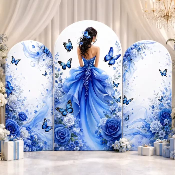 Housse de toile de fond arche papillon bleue à motif floral, thème Princesse, pour Quinceañera, Sweet 15, Mariage, Anniversaire de fille, et comme fond de photomaton