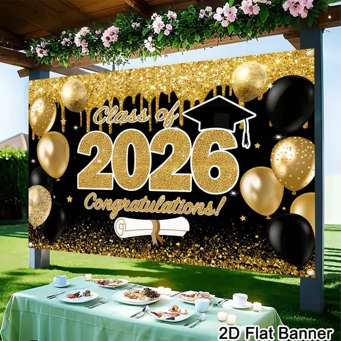 Toile de fond en polyester noir et or pour la remise des diplômes, classe de 2026, décoration scintillante pour les fêtes de remise des diplômes