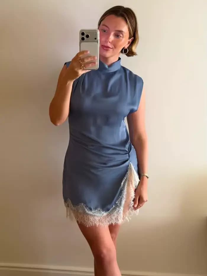 Robes Courtes en Dentelle pour Femme, Robe Moulante Sexy sans Manches avec Fente, Mini-Robe Bleue d'Été, Robe Plissée Élégante Décontractée pour Femme