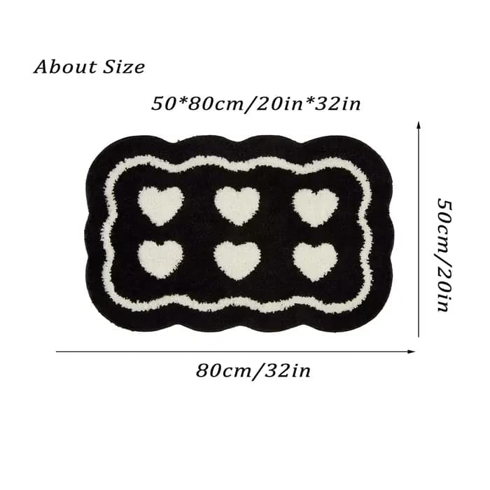 Tapis de salle de bain modernes antidérapants noirs avec tapis blancs, motif cœur amusant, lavables, en microfibre, ensemble d'accessoires de salle de bain, tapis de sol en caoutchouc pour la douche