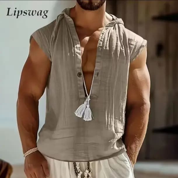 Débardeur en lin vintage pour homme, col en V profond, sans manches, coupe ample, respirant, pour l'été 2026, style décontracté, idéal pour la plage et le quotidien