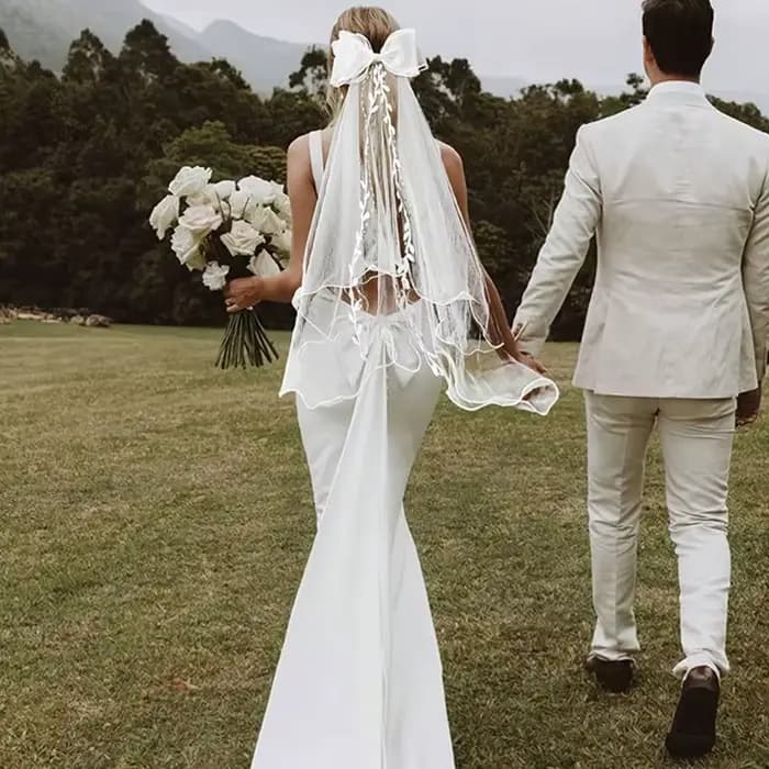 Voile de mariée en tulle pour femme, deux couches, simple et élégant, avec nœud et bordure en dentelle, avec clip pour fête de mariage