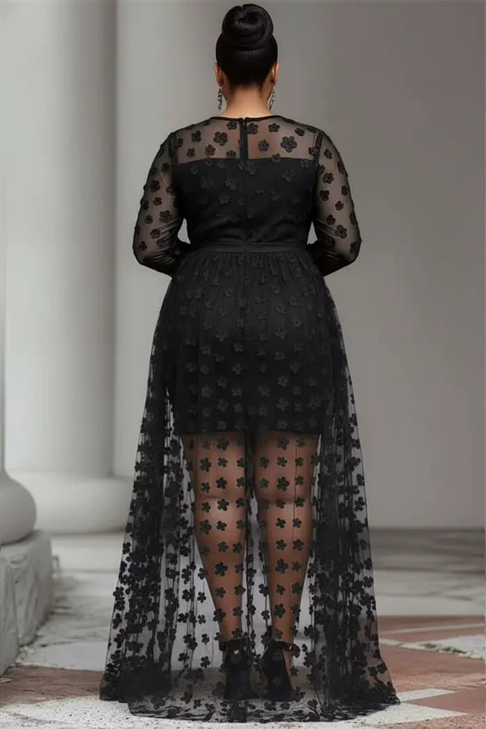 Grande taille fête rouge col rond manches longues haut bas ourlet élégant voir à travers Tulle Mini robes