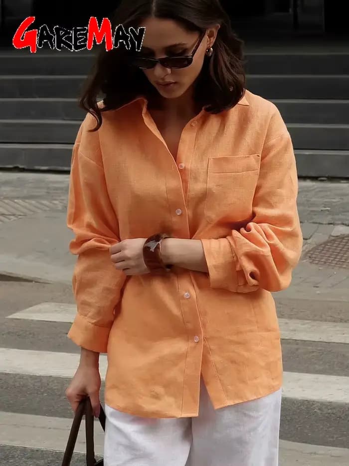 Chemise en lin pour femme, manches longues, blouses élégantes, haut basique, col jaune, bleu, chemise en coton pour femme