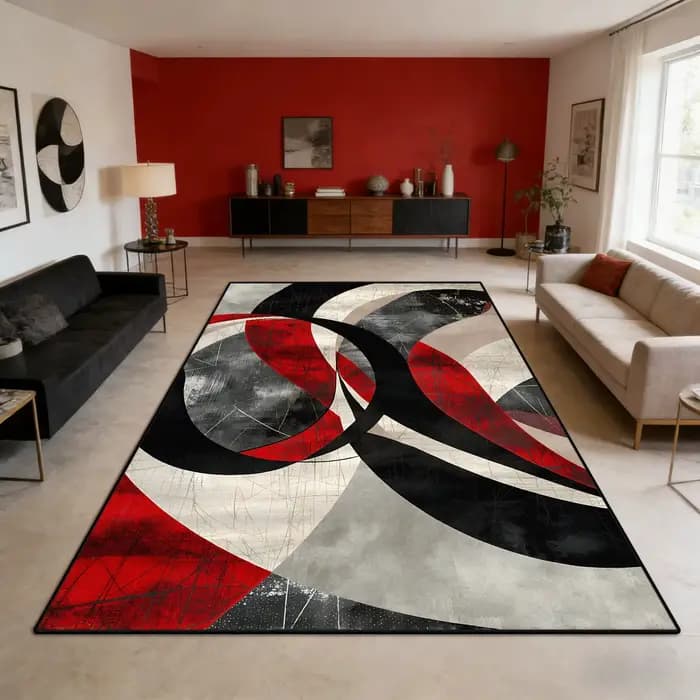 Tapis rouge et noir Vintage européen, tapis abstrait géométrique moderne, grande surface, grand décor de chambre à coucher minimaliste
