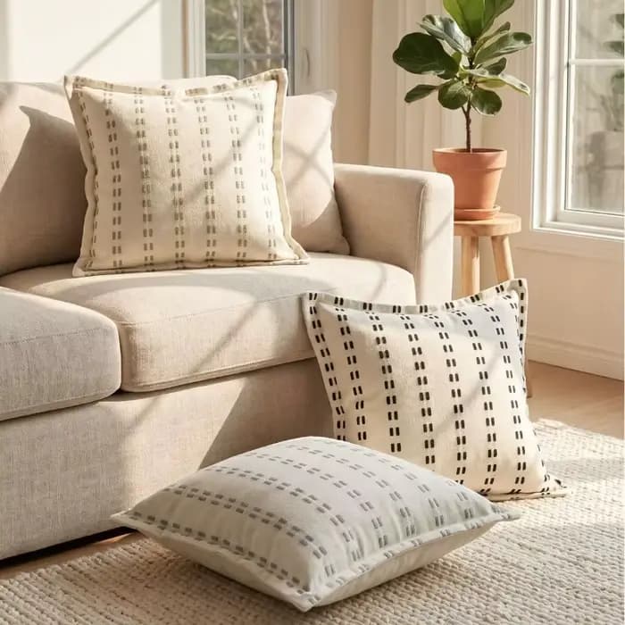 Housse de coussin bohème en jacquard tissé rayé, en lin et coton texturé, avec bord festonné, taie d'oreiller moderne pour la décoration intérieure