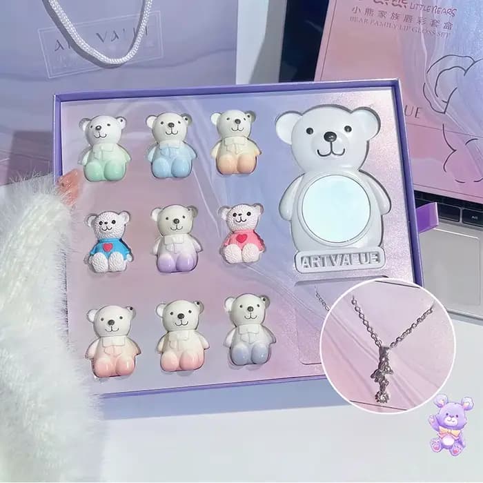 ART VALUE Ensemble de maquillage ours mignon comprenant 6 * rouge à lèvres liquide mat, 2 * ornement