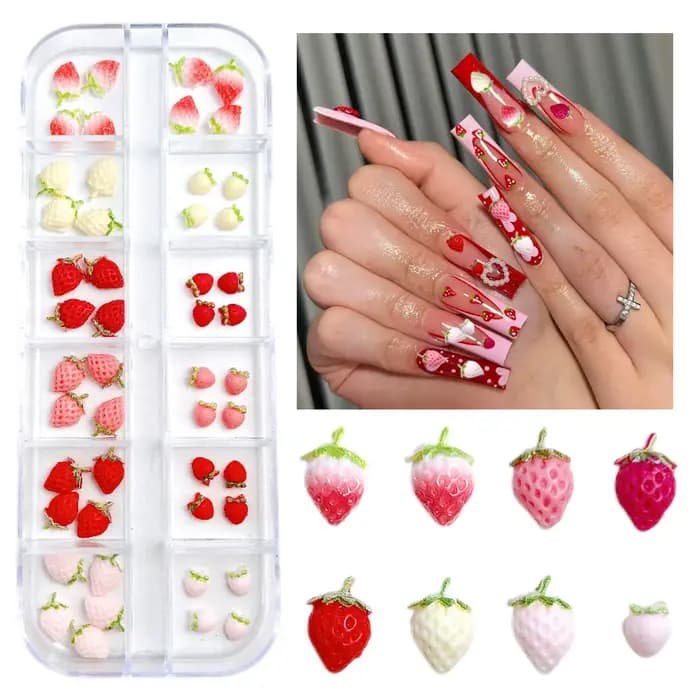 1 boîte 3D multicolore simulé fraise résine Nail Art décorations créatif réaliste doux fraise ongles