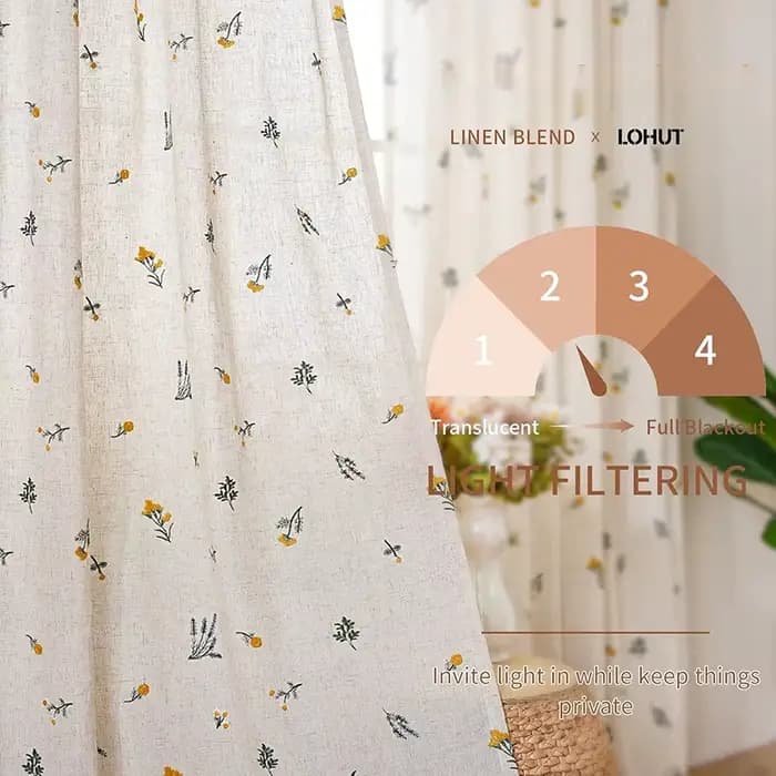 Rideaux en coton et lin, style Boho, marguerite brodée, fenêtre de ferme, tige florale Beige, draper