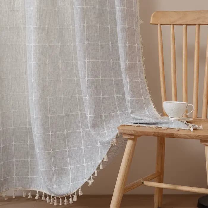 Rideaux en coton et lin, ombre de poche de route, avec pompon, pour cuisine, chambre à coucher, salo