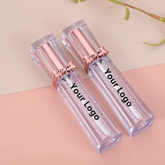 Tube de brillant à lèvres avec Logo privé, bouteille d'emballage transparente avec nœud papillon pou