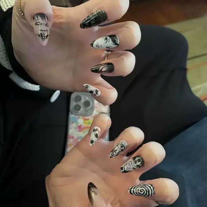 Tomie-Faux Ongles Noir Brcorporelle Réutilisables pour Fille, 24 Pièces, Anime Japonais, Horreur, Ba