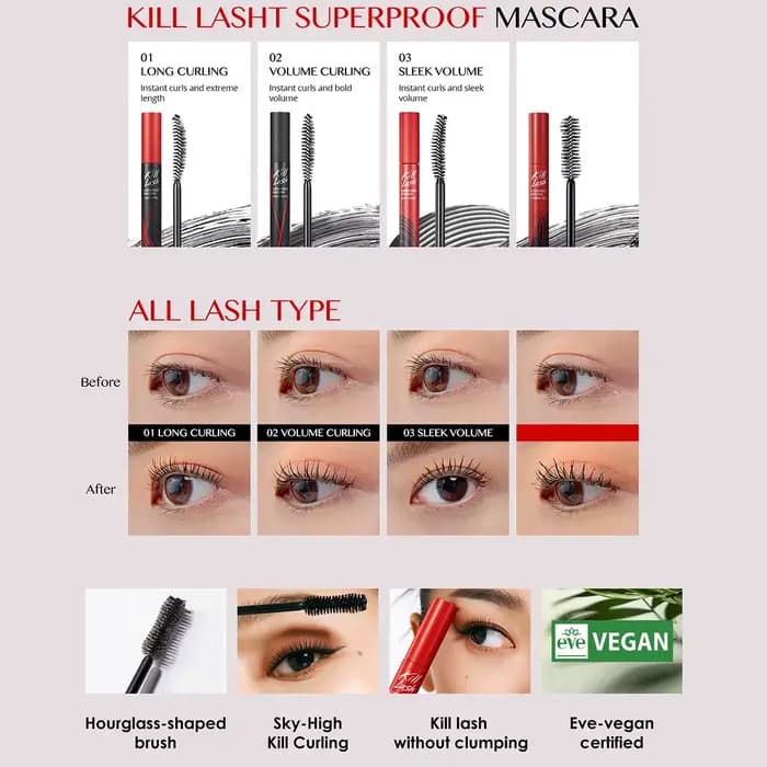 Mascara CLIO Kill Lash Superproof, Formule Volumisante, Léger et Sans Grumeaux, Défini et Séparé, Co