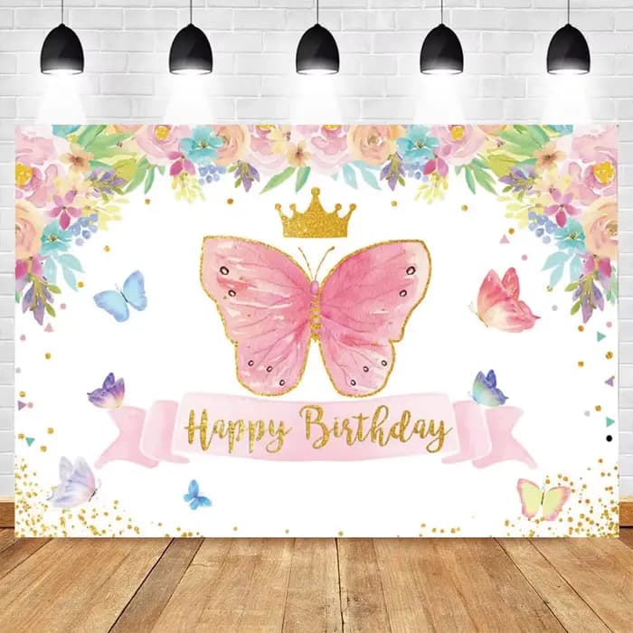 Toile de fond papillon pour fête d'anniversaire, princesse fleur, réception-cadeau pour bébé, nom pe