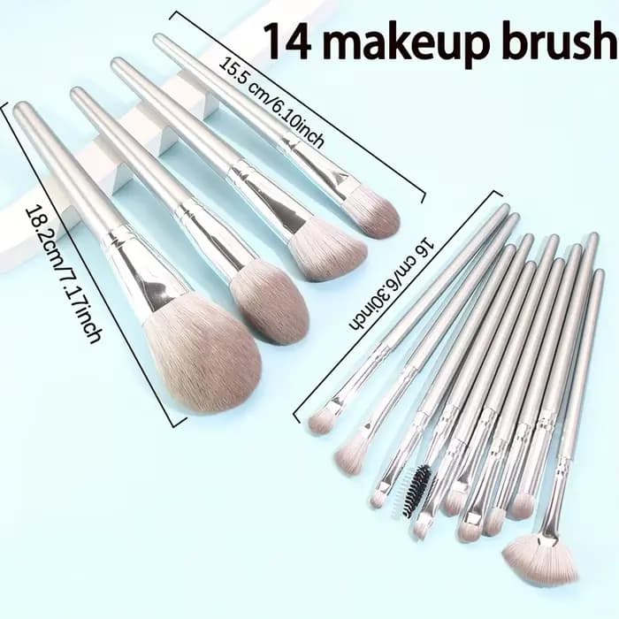 Ensemble de pinceaux de maquillage professionnels argentés de 14 pièces | Comprend 2 bouffées en v