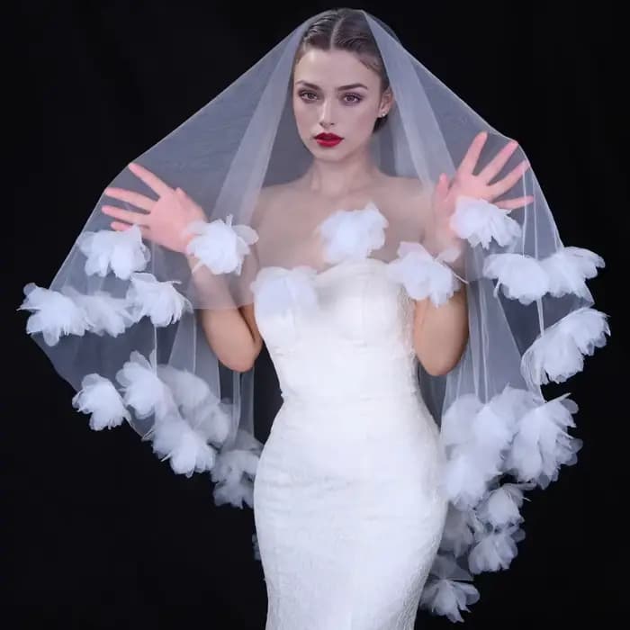 Voile de mariage avec fard à joues, longueur du coude, floral 3D, deux couches, couverture en tulle