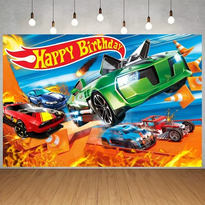 Décor de fête d'anniversaire, Bannière Joyeux Anniversaire Thème Voiture Dessin Animé, Accessoires d
