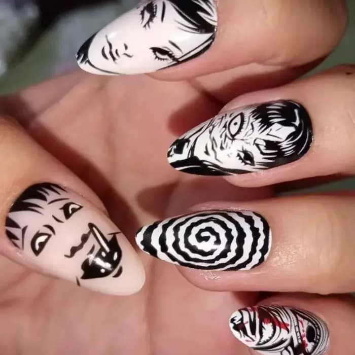 Tomie-Faux Ongles Noir Brcorporelle Réutilisables pour Fille, 24 Pièces, Anime Japonais, Horreur, Ba