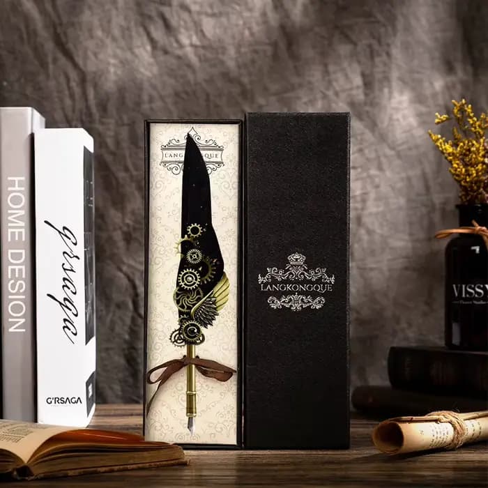 Stylo plume steampunk vintage artisanal avec engrenages mécaniques, plume en alliage noir ornée de p