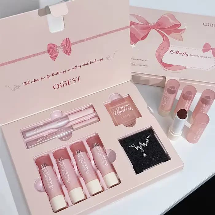 Ensemble de maquillage 7 pièces/boîte, rouge à lèvres liquide velours nu, 1 crème pour les lèvres, 1