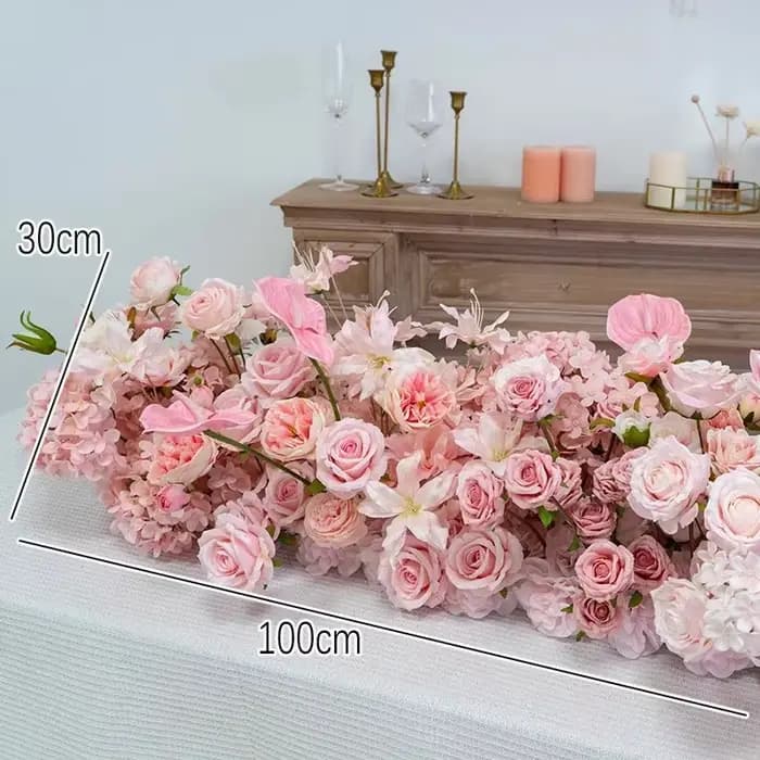 Décoration de toile de fond de mariage, composition florale au sol, chemin de table, centre de table
