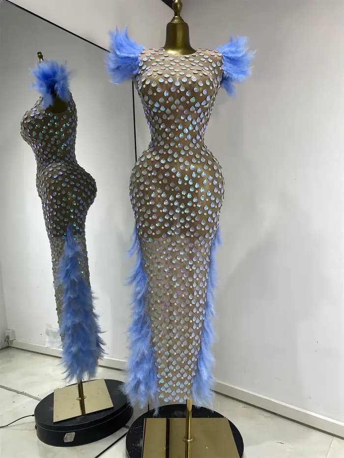 Robe de soirée transparente de luxe pour femme, bleue, avec plumes, paillettes, coquillages, sequins