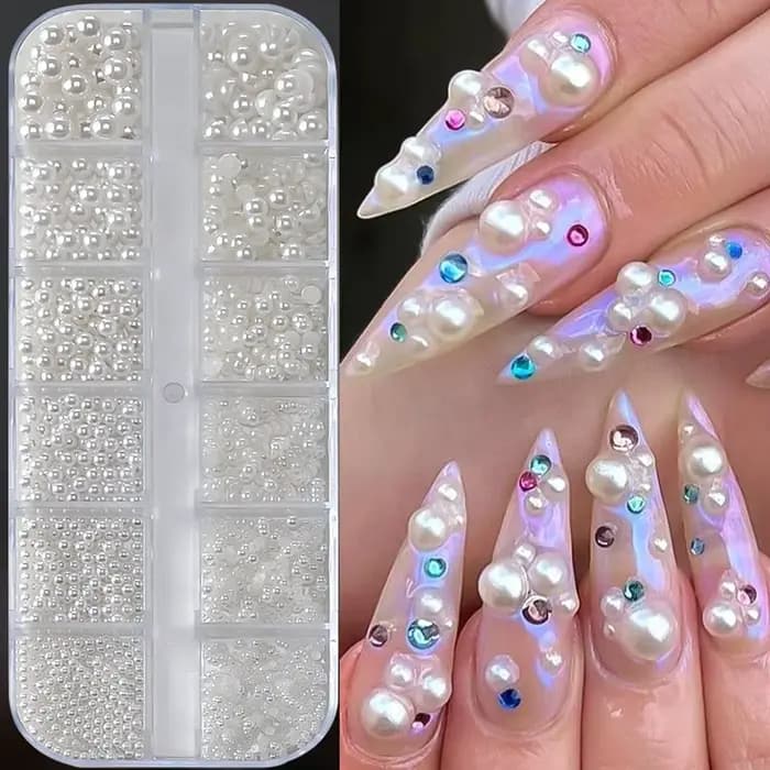 12 grilles mixtes de perles blanches pour ongles, breloques rondes ou demi-cercles 3D, strass pour N