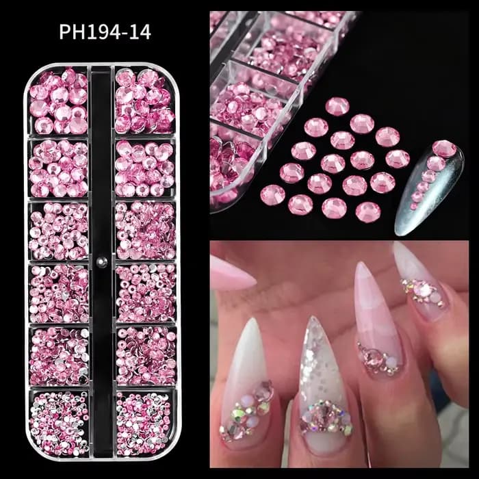 12 grilles mixtes de perles blanches pour ongles, breloques rondes ou demi-cercles 3D, strass pour N