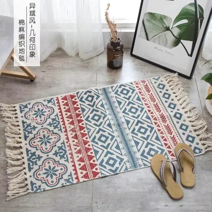 Tapis en lin de coton turc, imprimé à la main, avec glands, pour l'entrée, lavable pour la chambre,