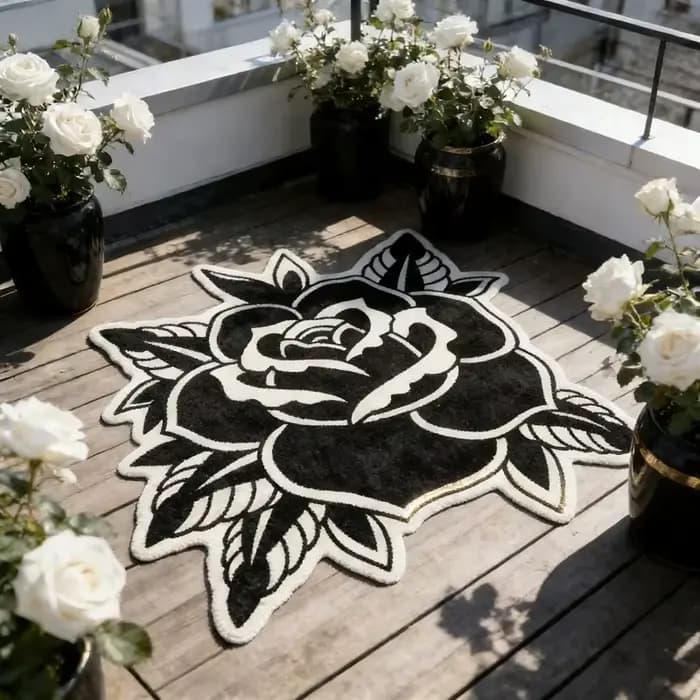 Tapis vintage américain noir et blanc à motif de roses, tapis irrégulier unique et créatif pour la décoration de la maison, tapis de salon, tapis doux et moelleux, lavable