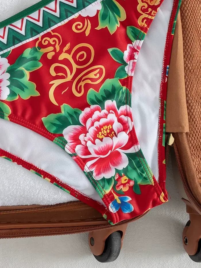 Ensemble bikini imprimé floral rouge pour femme, haut à col halter avec bordure contrastée, bas taille haute, maillot de bain 2 pièces