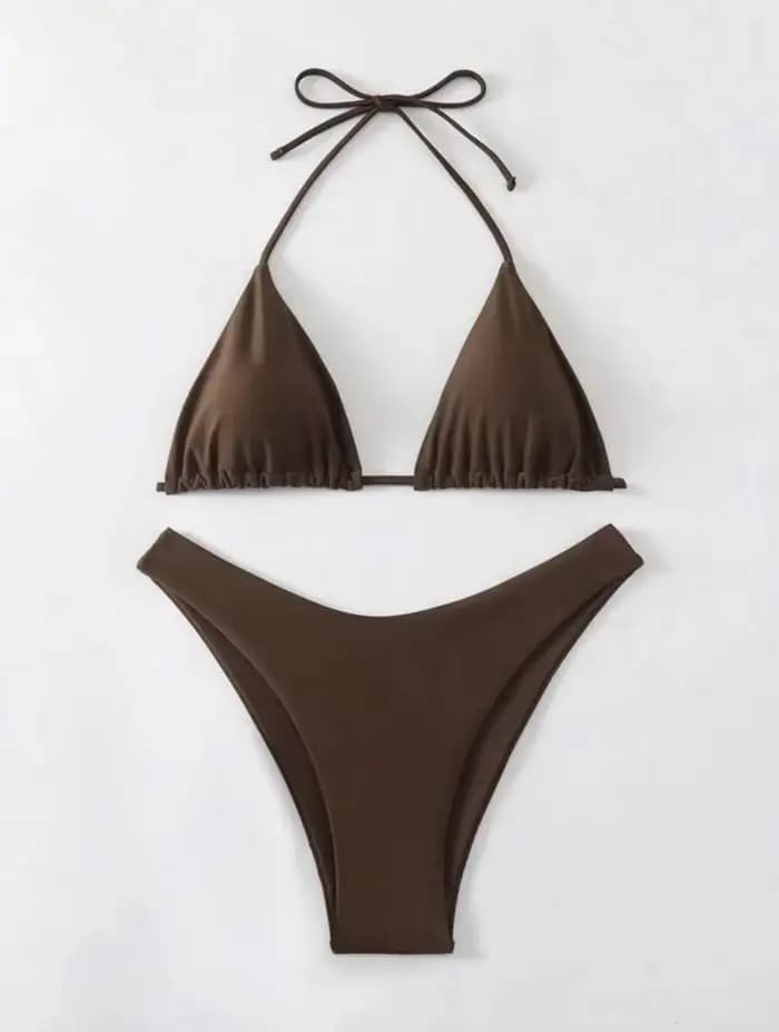 Maillot de bain brésilien à lacets, string, bikini, sexy, couleur unie, blanc/noir/café, col licou, double tissu, vêtements de plage, nouvelle collection 2025