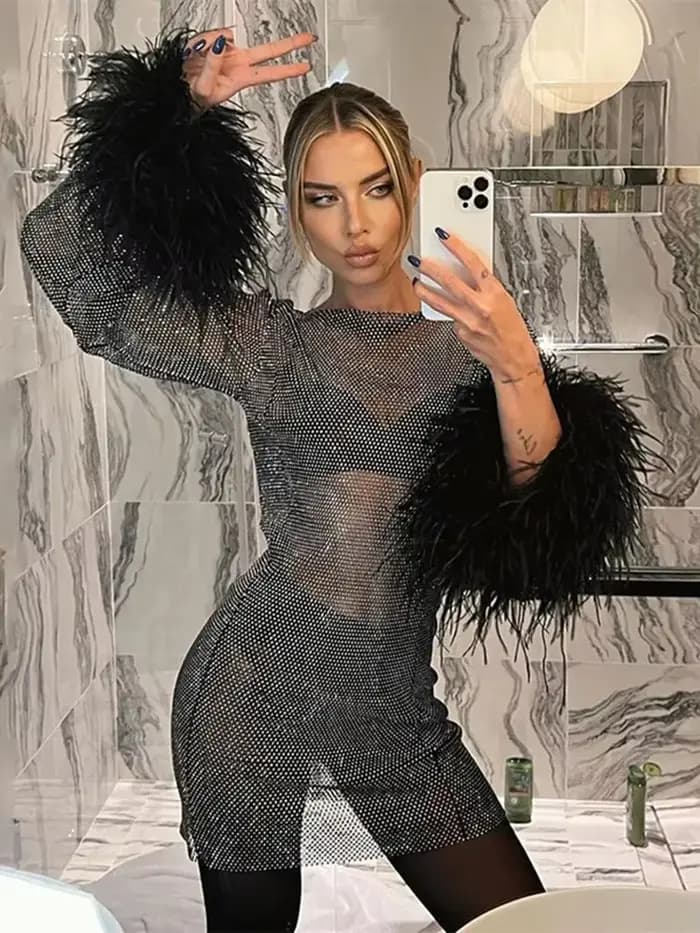 Robe transparente Sexy pour femmes tenue de Club Flash résille robes Elegantes Para Mujer à manches longues robes de soirée Robe Femme