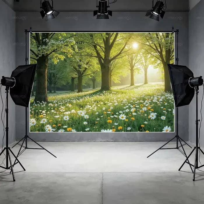 Fond photographique Forêt enchantée avec arbres verts printaniers pour enfants et filles, décorations de fête d'anniversaire, photomaton
