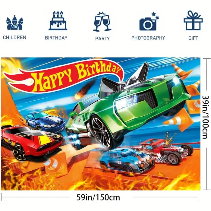 Décor de fête d'anniversaire, Bannière Joyeux Anniversaire Thème Voiture Dessin Animé, Accessoires de Fête Thème Voiture, Décorations de Fête, Photographie