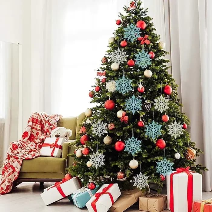 Flocons de neige pour décoration d'arbre de noël, 24/12/6 pièces, flocons de neige bleus avec poudre brillante, décor suspendu pour l'hiver et le nouvel an