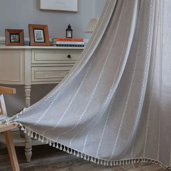 Rideaux en coton et lin, ombre de poche de route, avec pompon, pour cuisine, chambre à coucher, salon, baie vitrée, armoire