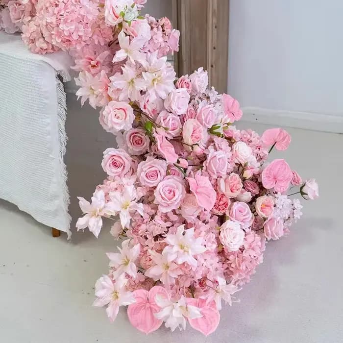 Décoration de toile de fond de mariage, composition florale au sol, chemin de table, centre de table, rangée de fleurs, accessoire d'événement, vitrine, fleur artificielle