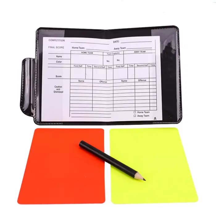 Ensemble de cartes rouges et jaunes d'arbitre avec bloc-notes, crayon et couverture en cuir – Outil de notation des pénalités pour arbitres de matchs de football