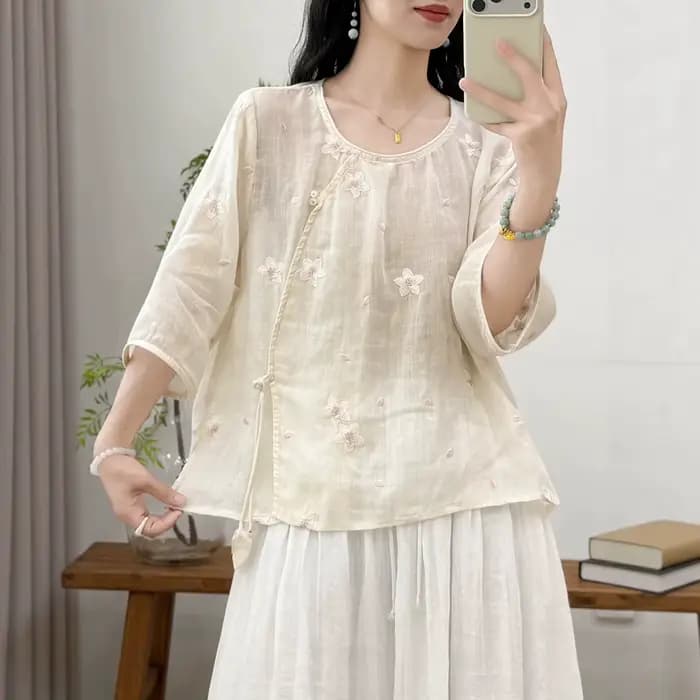 Chemisier en lin brodé pour femme, coupe ample, manches mi-longues, style décontracté pour le quotidien, haut d'été confortable, articles transfrontaliers