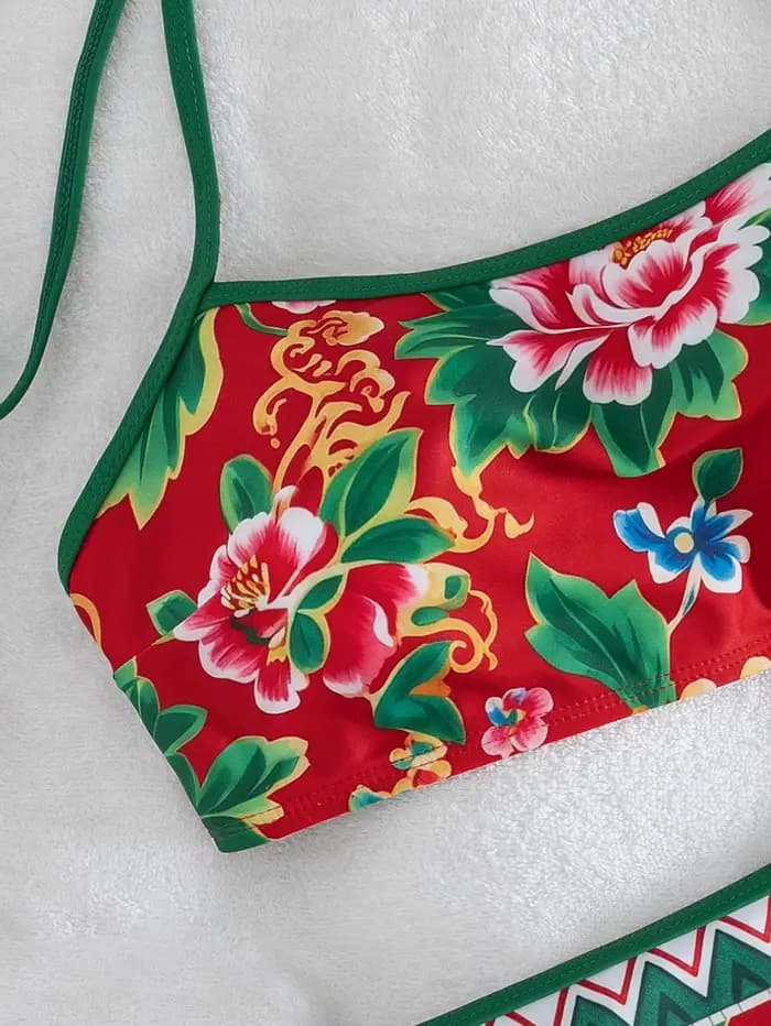 Ensemble bikini imprimé floral rouge pour femme, haut à col halter avec bordure contrastée, bas taille haute, maillot de bain 2 pièces