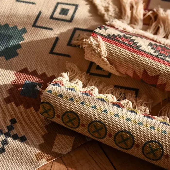 Tapis Bohème en Coton et Lin Tissé à la Main avec Pompons, Tapis de Sol Géométrique pour Chambre à Coucher, Tapis de Chevet Antidérapant, Tapis de Cuisine, Décoration Intérieure