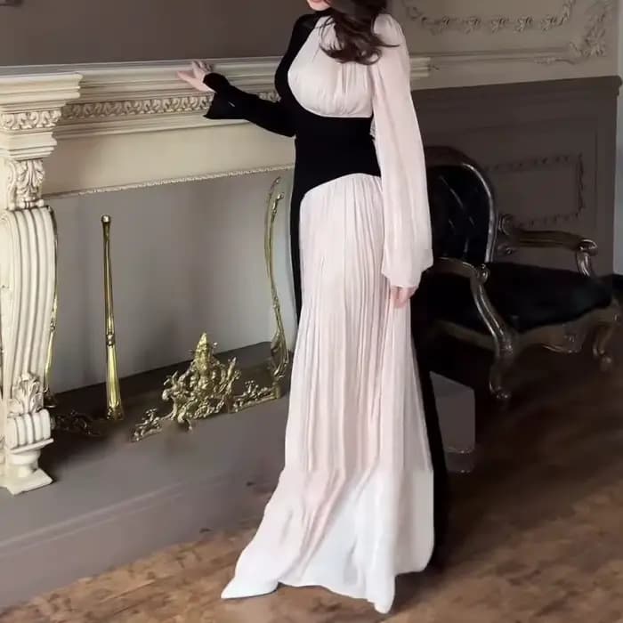 Robe rétro élégante à col rond pour femmes, manches longues, taille haute, coupe cintrée, nouveau produit de printemps
