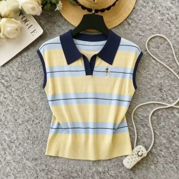 Pull sans manches en maille pour femme, col rouge, à blocs de couleur et rayures, avec broderie décorative, extensible, coupe ajustée, style preppy, pour l'été