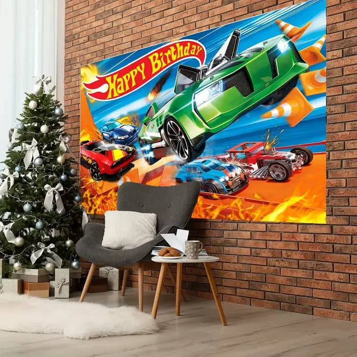 Décor de fête d'anniversaire, Bannière Joyeux Anniversaire Thème Voiture Dessin Animé, Accessoires de Fête Thème Voiture, Décorations de Fête, Photographie
